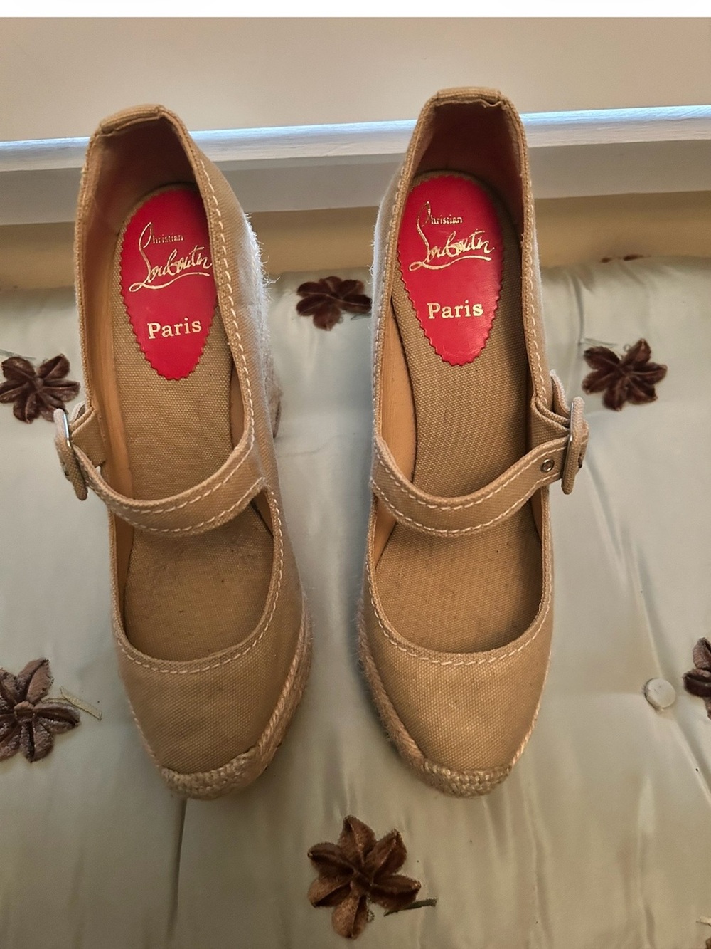 Christian Louboutin Tan Canvas Mary Jane Espadrille Wedges